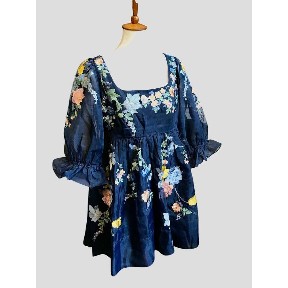 ASOS Edition Sz 10 Navy Blue Embroidered Floral Ruffled Dress